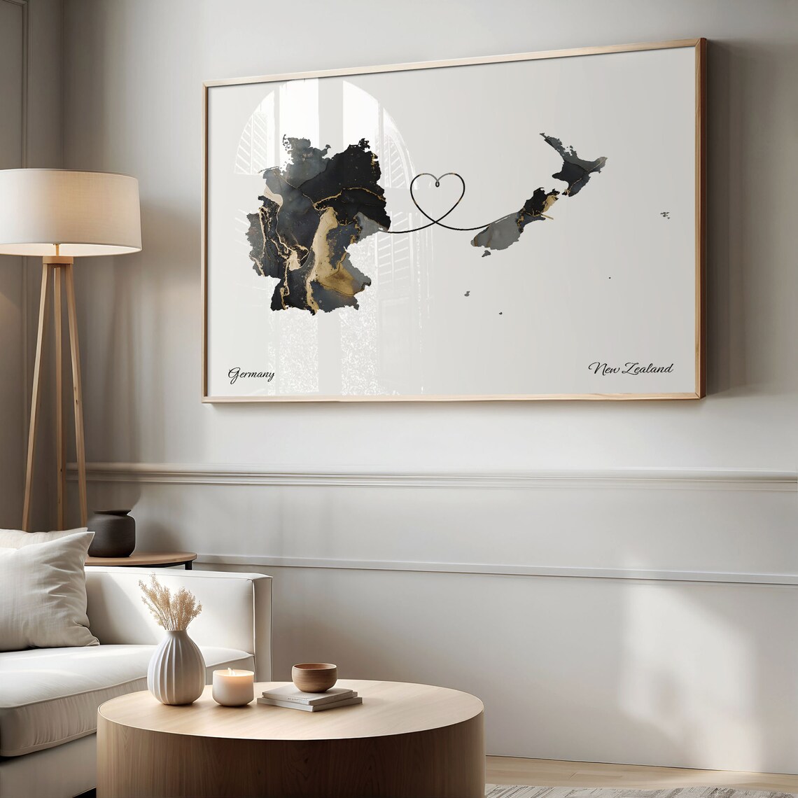 Germany to New Zealand Black Gold Marble Heart Map Art Poster - Image 2