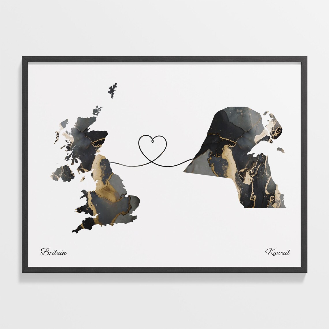 Britain to Kuwait Marble Heart Map Print Long Distance Couple Gift