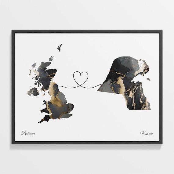 Britain to Kuwait Marble Heart Map Print Long Distance Couple Gift