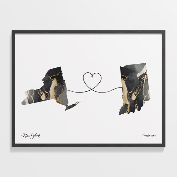 New York To Indiana Marble Map Heart Print Long Distance Gift
