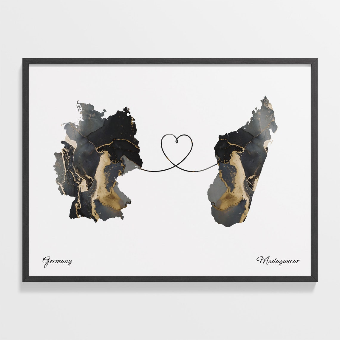 Germany to Madagascar Black and Gold Marble Two Country Map Poster
