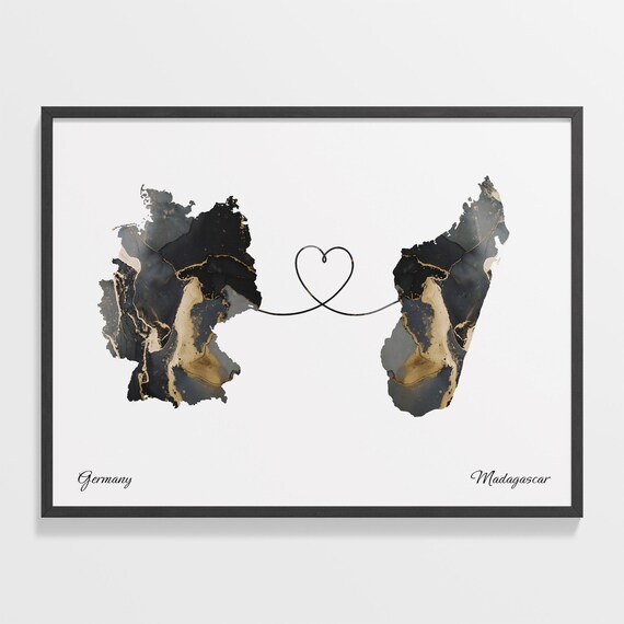 Germany to Madagascar Black and Gold Marble Two Country Map Poster