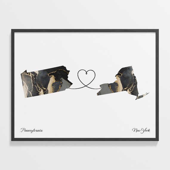 Pennsylvania to New York Black Gold Marble Map Heart Connection Poster