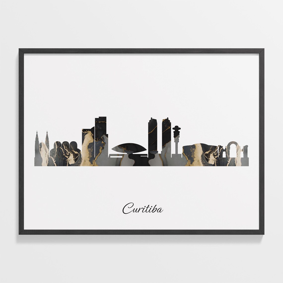 Curitiba Skyline Marble Cityscape Black and Gold Travel Poster