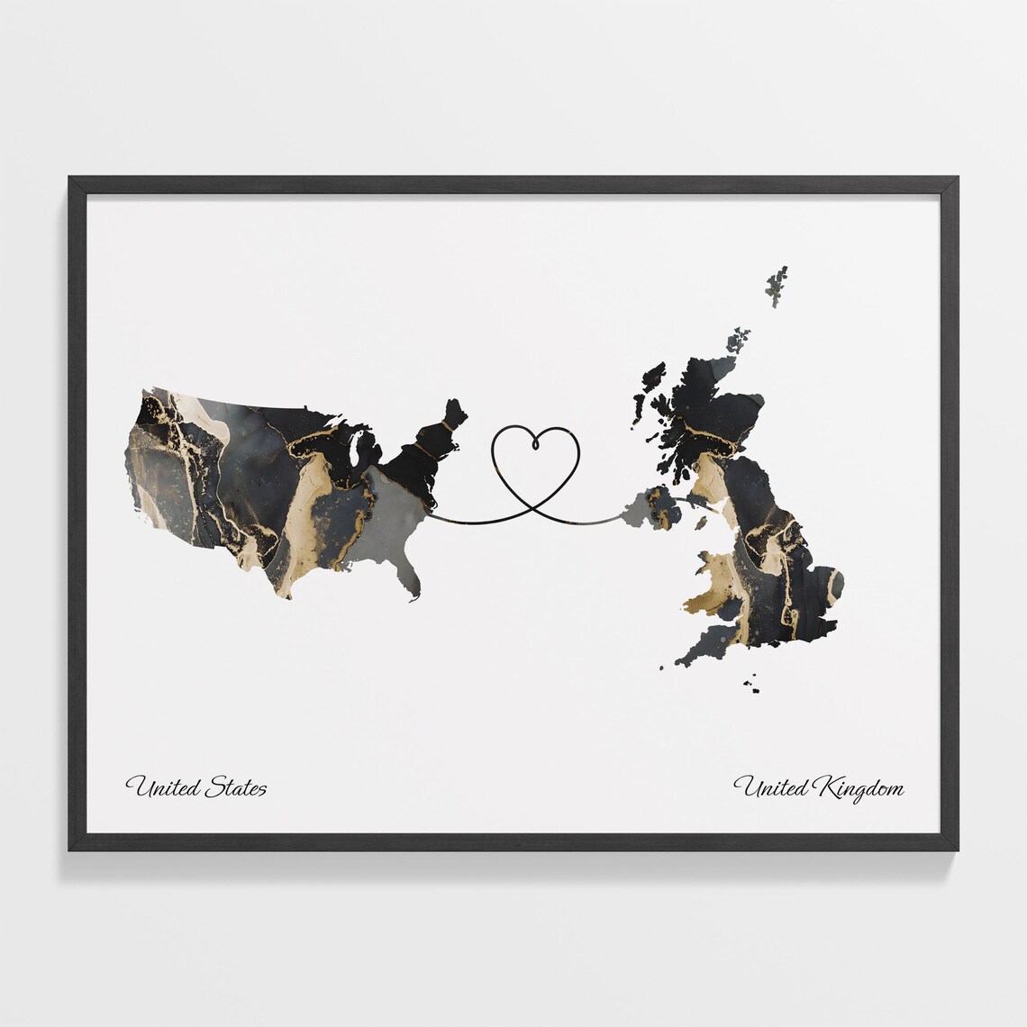 United States and United Kingdom Black Gold Marble Heart Map Poster