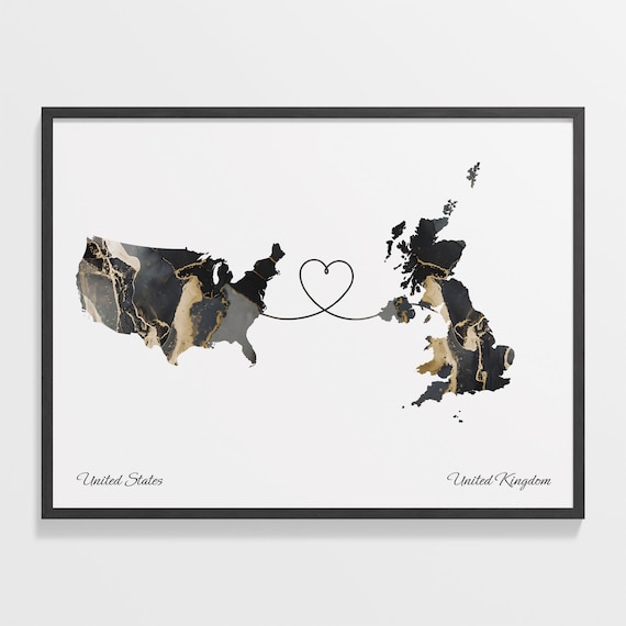 United States and United Kingdom Black Gold Marble Heart Map Poster