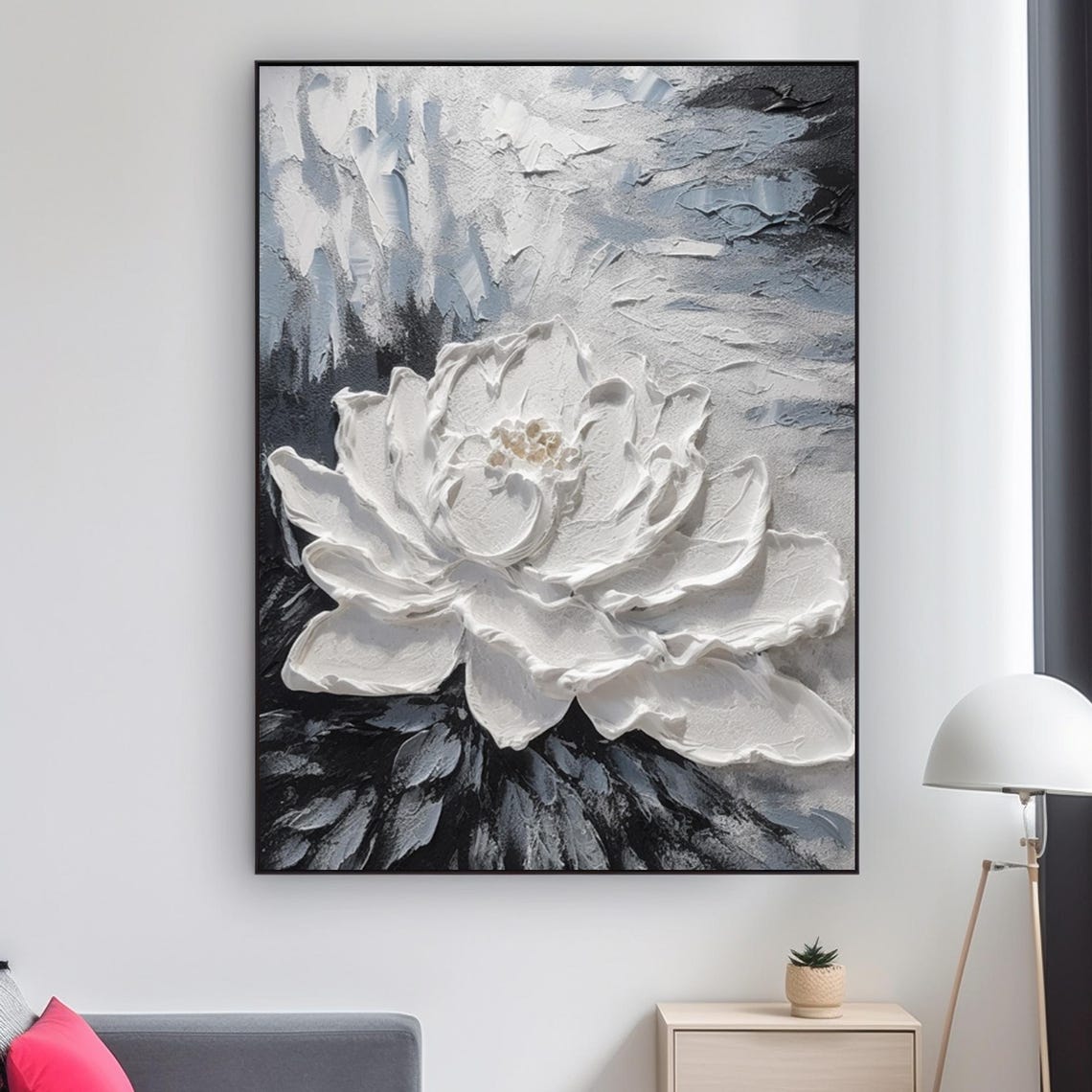 White Impasto Flower Bloom on Stormy Blue Black Textured Art Poster - Image 2