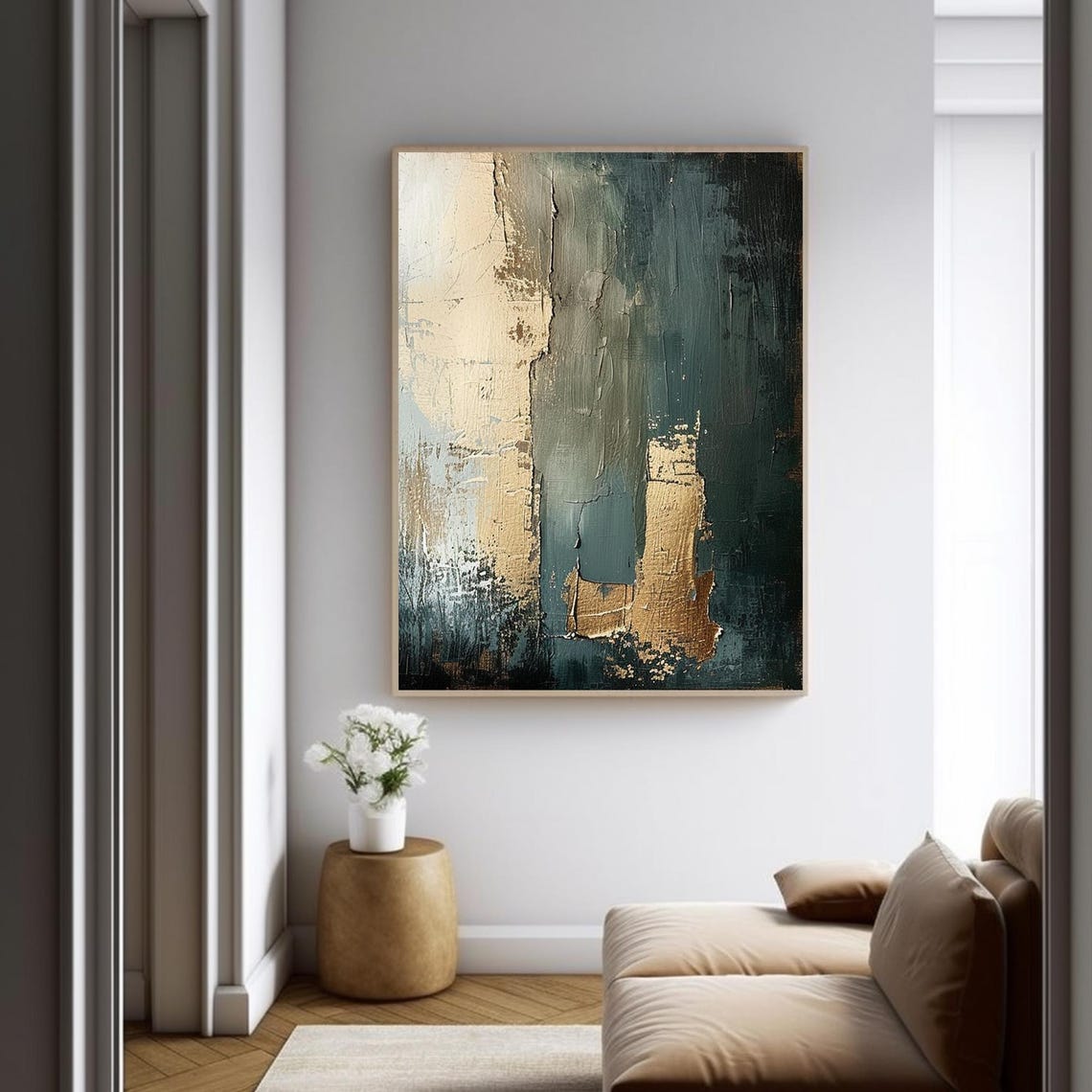 Teal Gold Abstract Vertical Bands Textured Modern Decor Art Poster - Image 2