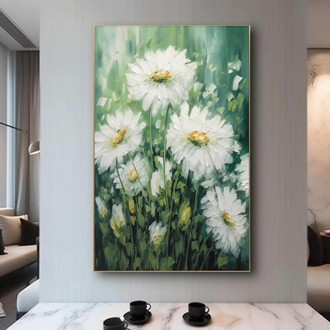 White Daisies Green Meadow Impasto Floral Field Painting Art Poster - Image 3