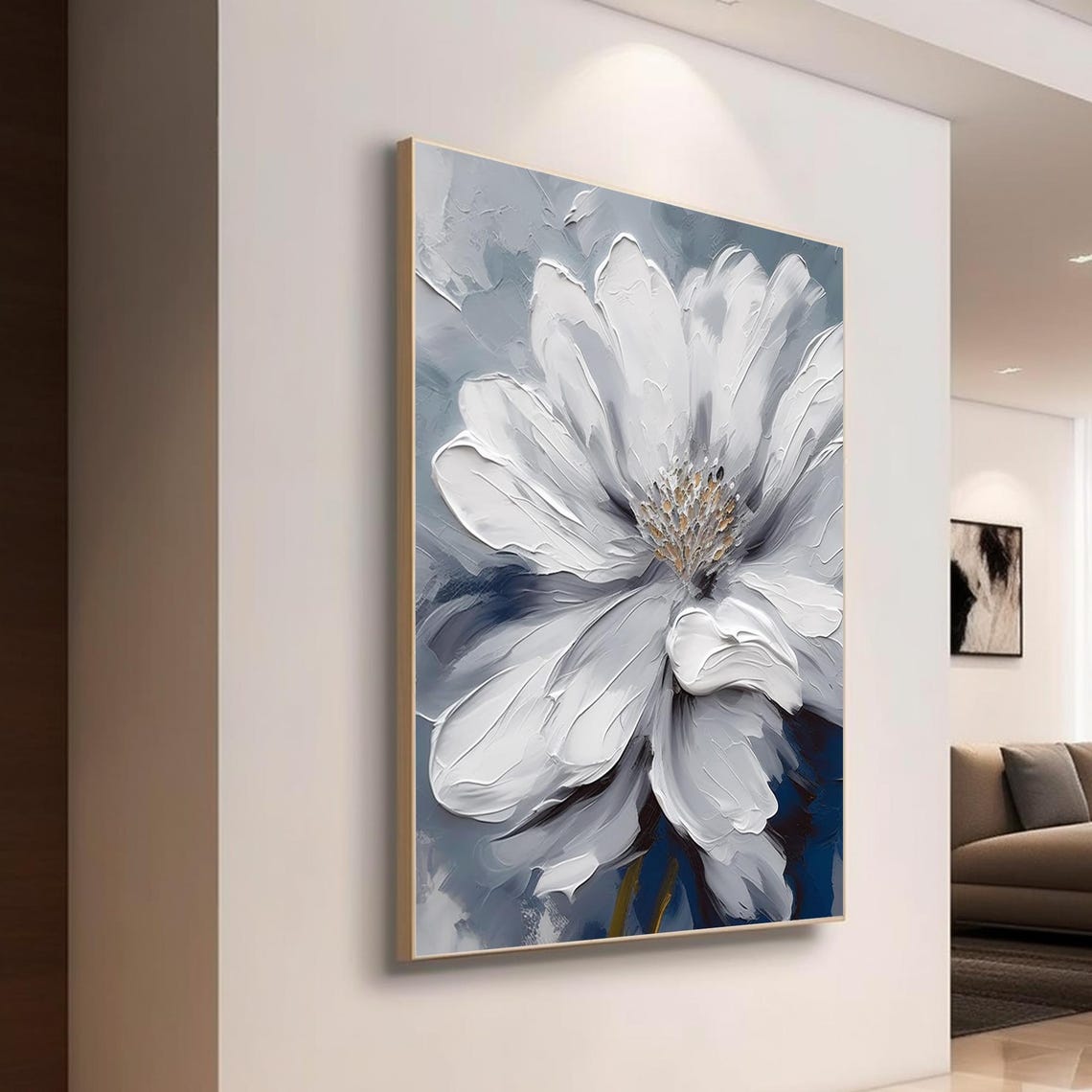 Giant White Flower Over Deep Blue Textured Floral Abstract Art Poster - Image 5