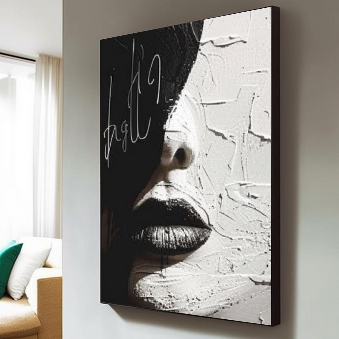 Black White Half Face Lips Close Up Textured Contrast Art Poster - Image 5