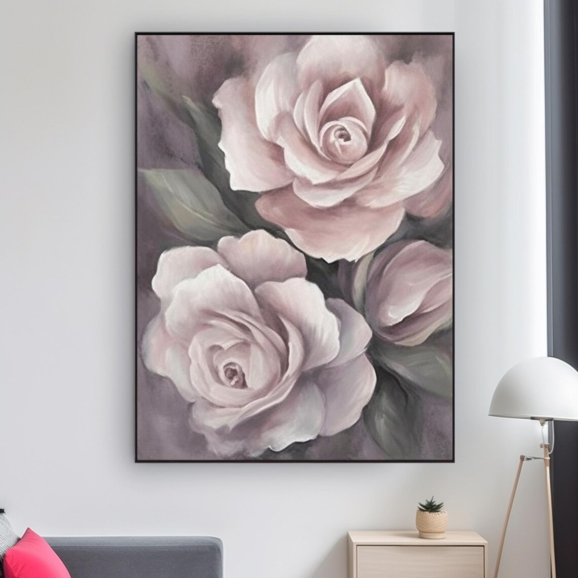 Large Soft Pink Roses Oil Painting Elegant Floral Still Life Wall Art - Image 2