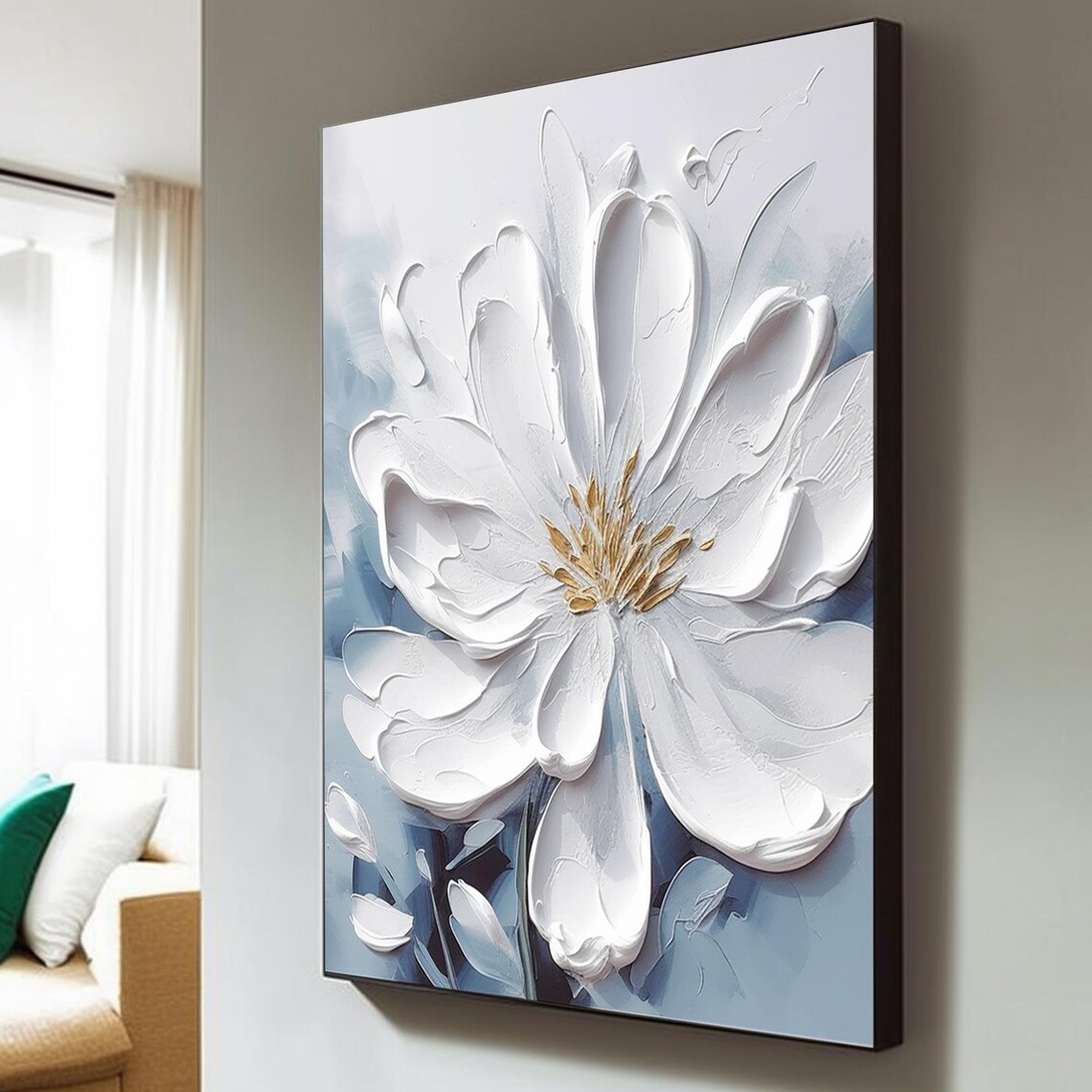 White Bloom Gold Center Pale Blue Palette Knife Floral Art Poster