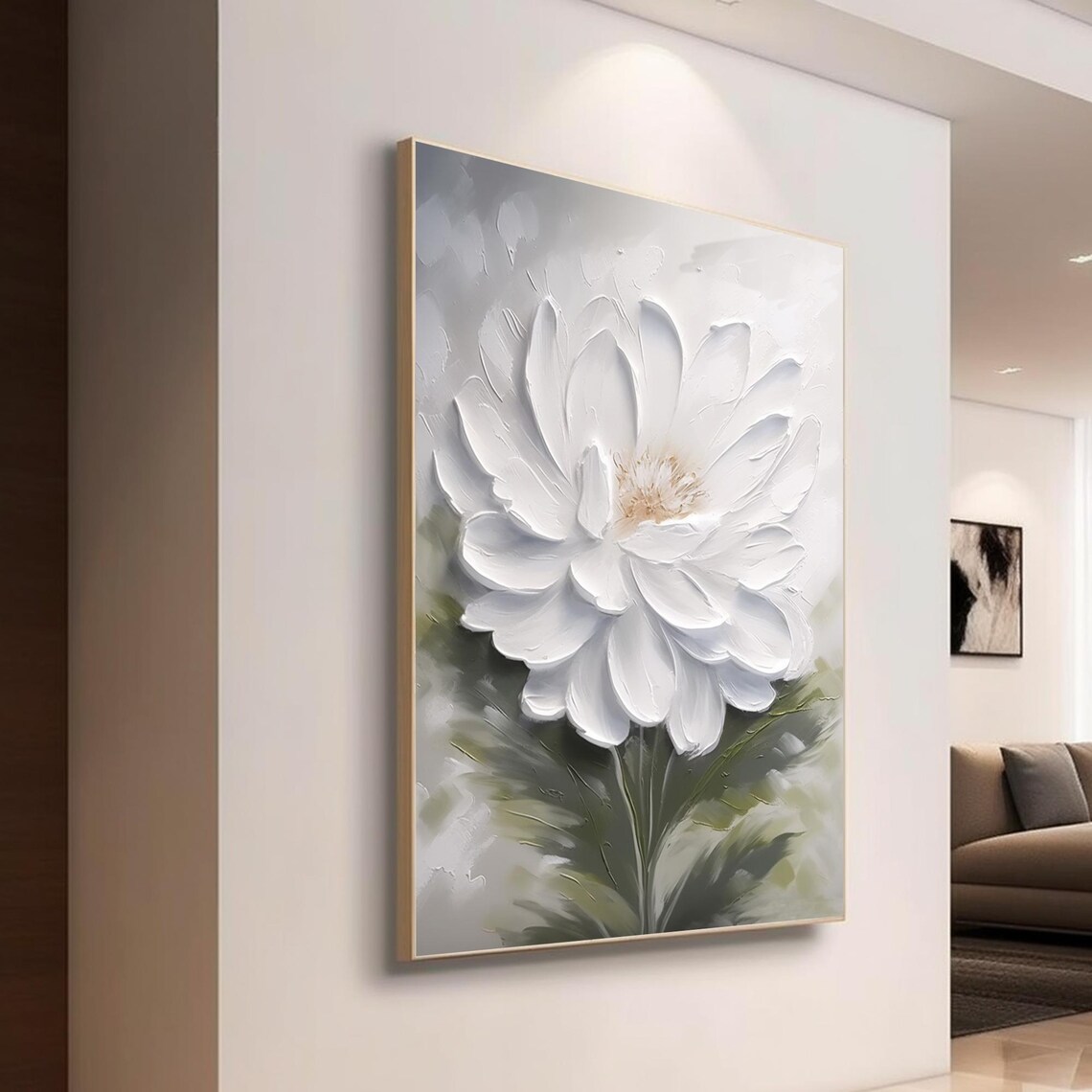 White Textured Flower With Green Foliage Minimalist Decor Art Poster