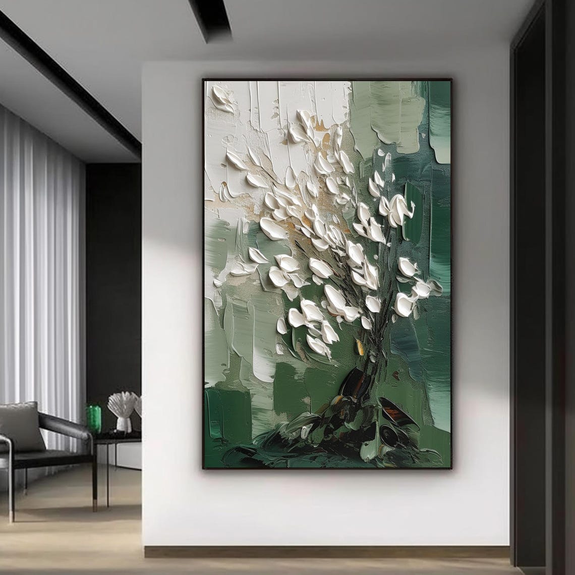 White Blossom Tree Emerald Green Bold Textured Botanical Art Poster