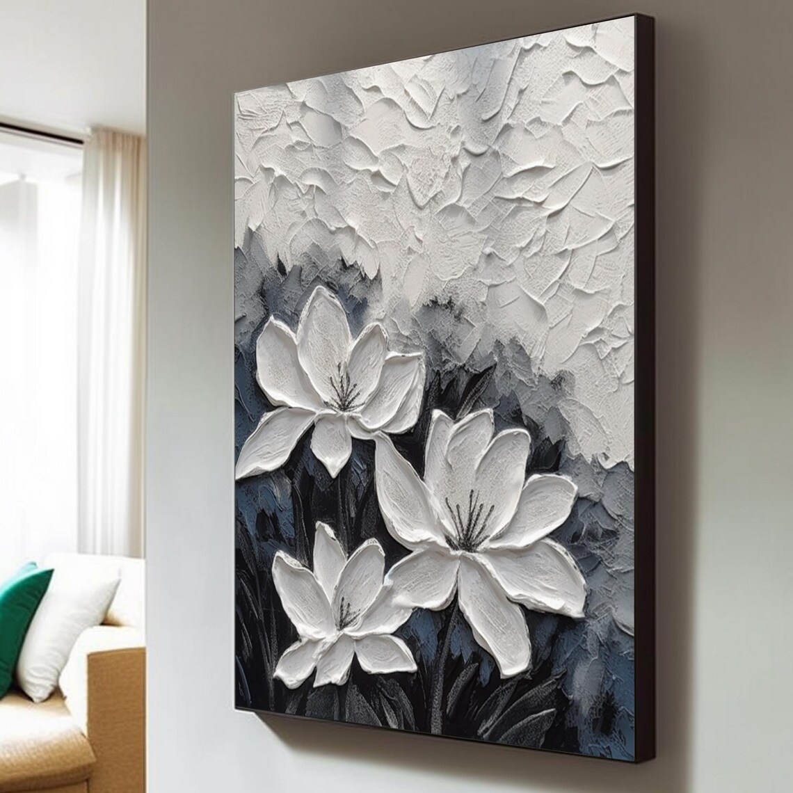 White Blooming Flowers With Heavy 3D Texture On Blue Gray Wall Art