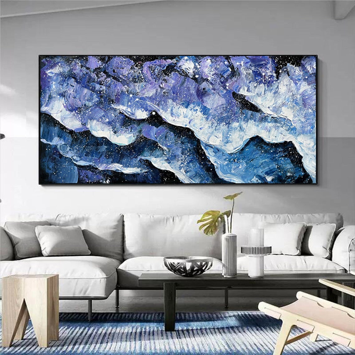 Blue Purple Crashing Waves Thick Texture Abstract Panoramic Art Poster - Image 3