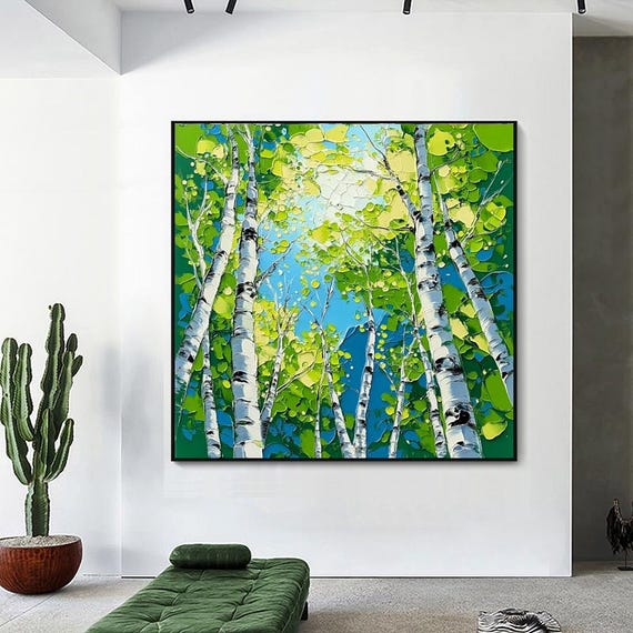 Hand Painted Palette Knife Landscape Oil Painting Spring Forest With Birch Trees Textured Layered Art For Living Room Entryway