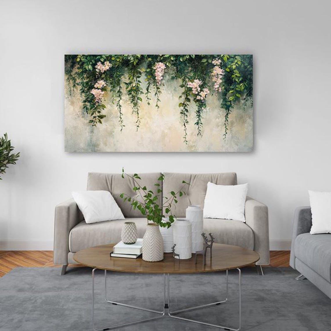 Hanging Green Vines With Pink Flowers Soft Botanical Art Poster - Image 2