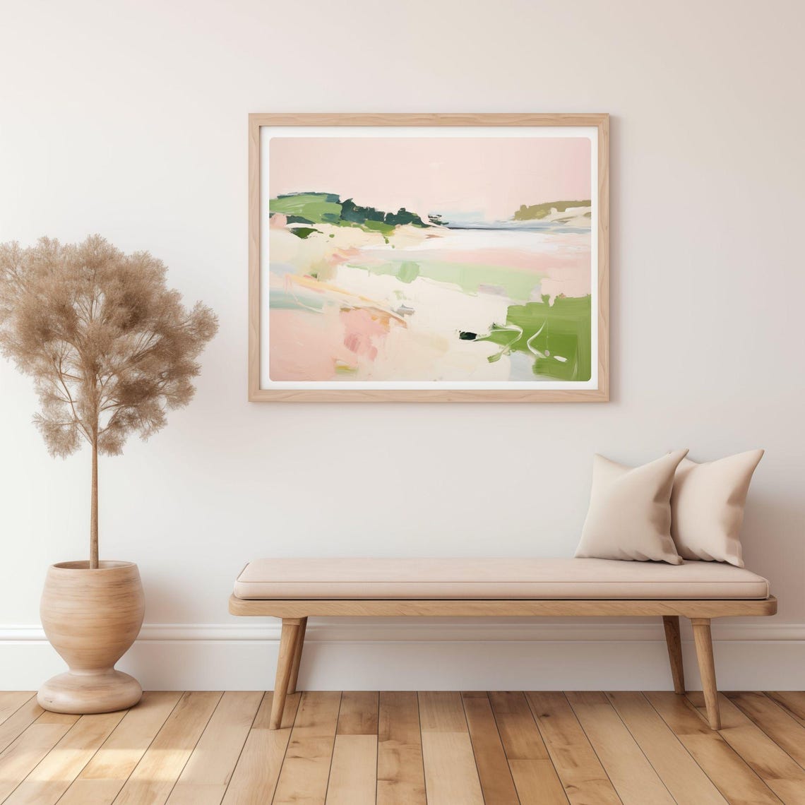Abstract Coastal Landscape Blush Pink Green Sandy Dunes Wall Art - Image 2