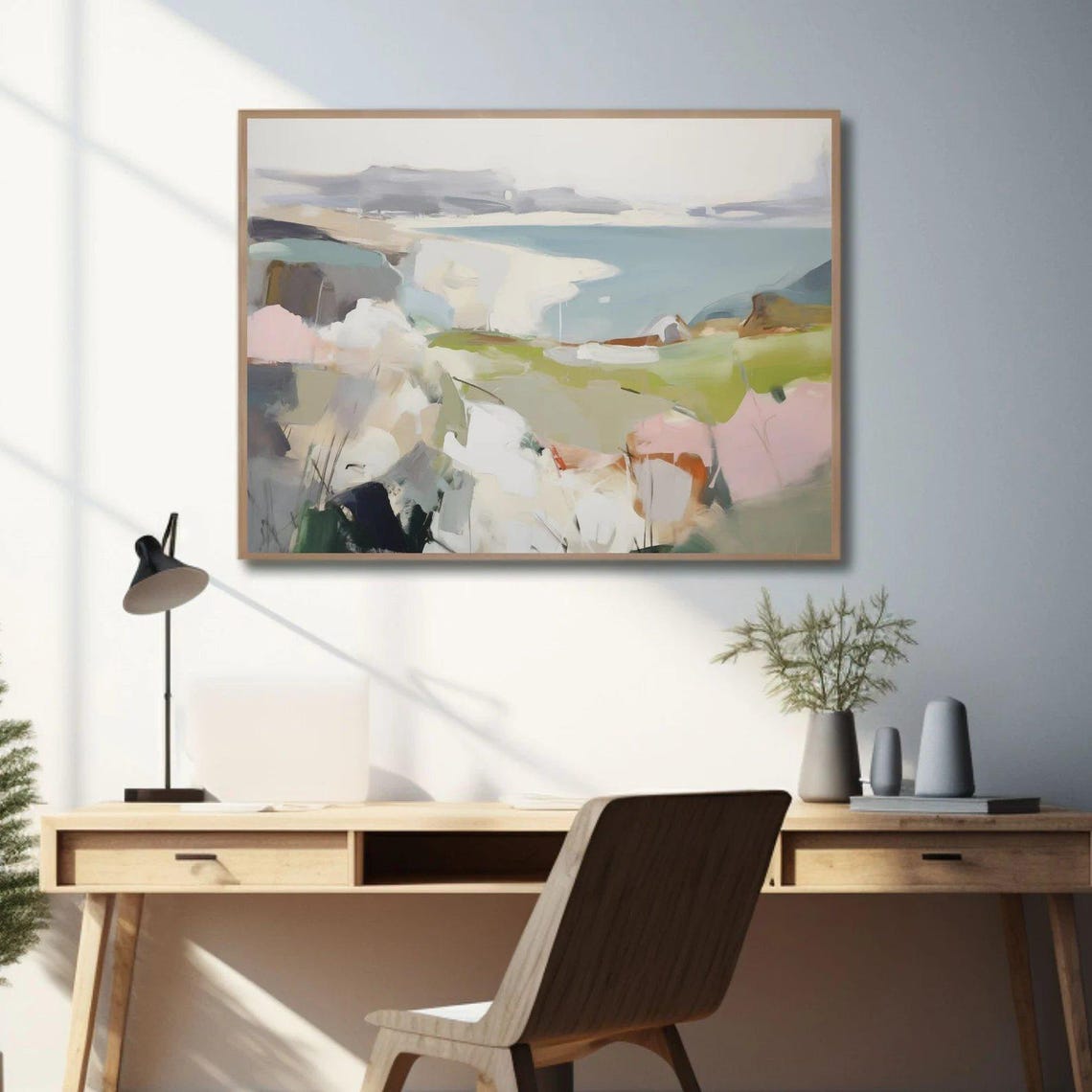 Large Abstract Coastal Scene Muted Bay Green Pink Waters Wall Art - Image 2