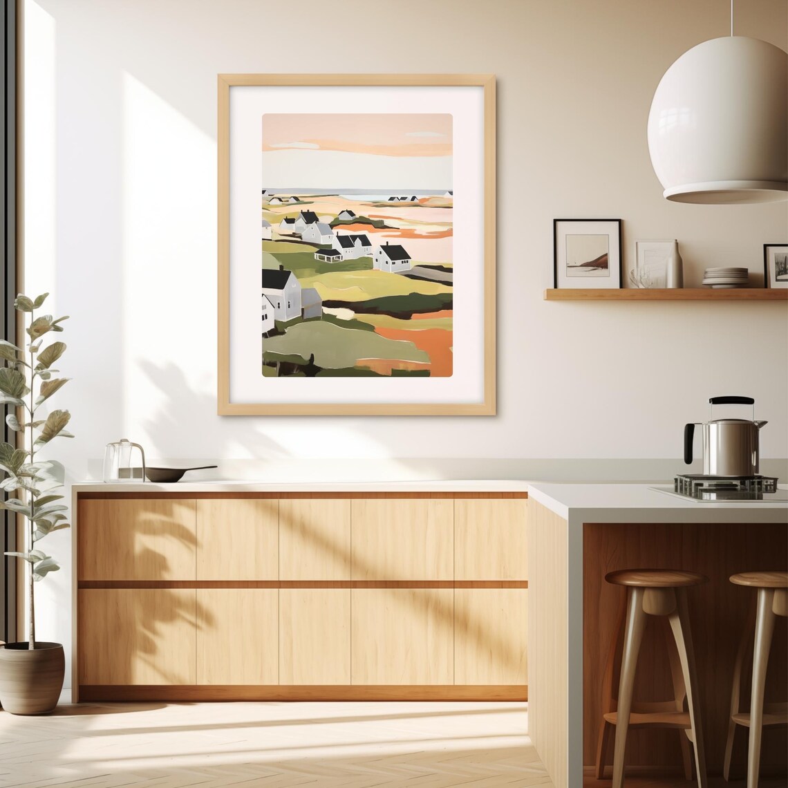 White Coastal Village Houses Peach Hills Seaside Landscape Poster - Image 4