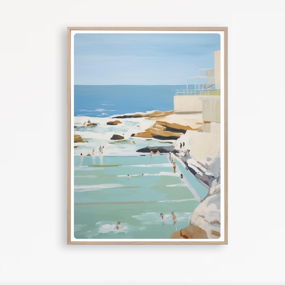Ocean Rock Pool Swimmers Painting Coastal Sea Bath Blue Water Poster - Image 4