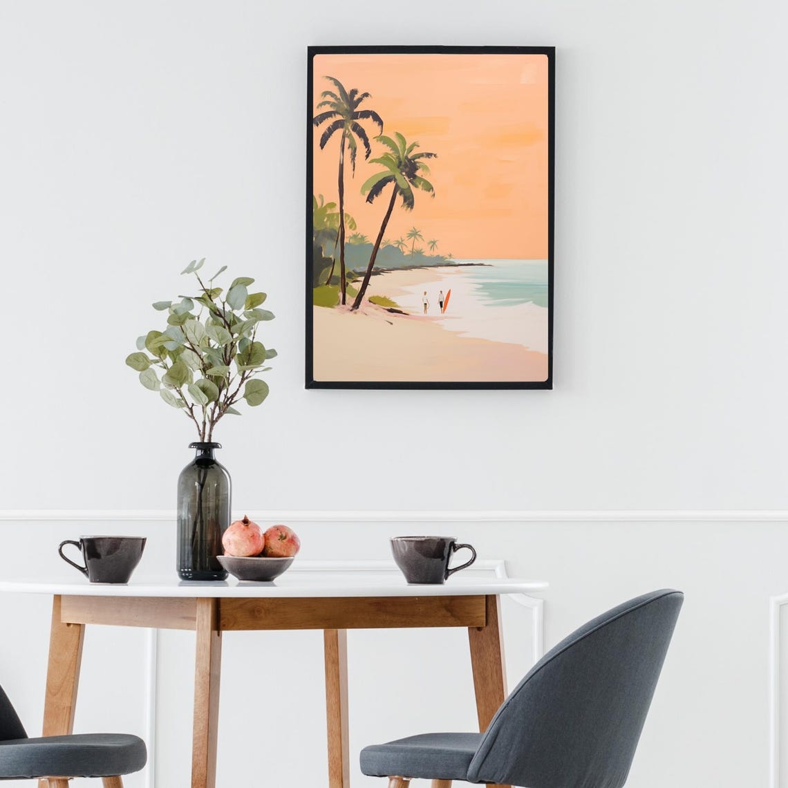Tropical Sunset Beach Surfers Palm Trees Peach Sky Painting Poster - Image 4