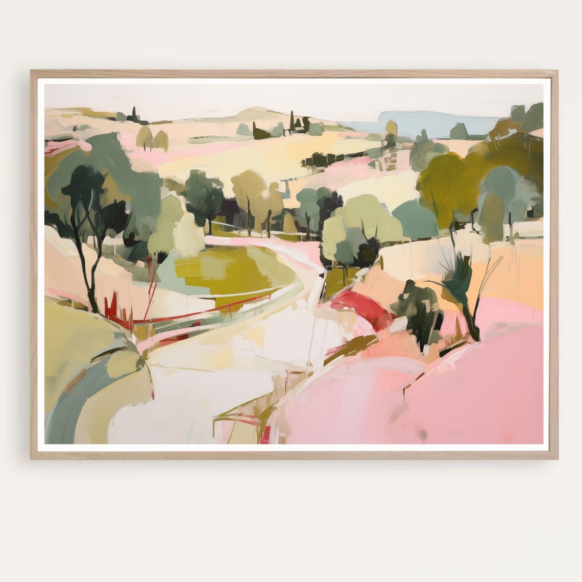 Abstract Landscape Winding Path Trees Pink Olive Meadow Print