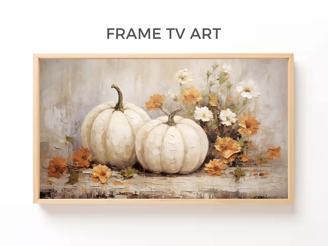 White Pumpkins Fall Wildflowers Vintage Textured Neutral Oil Painting Poster