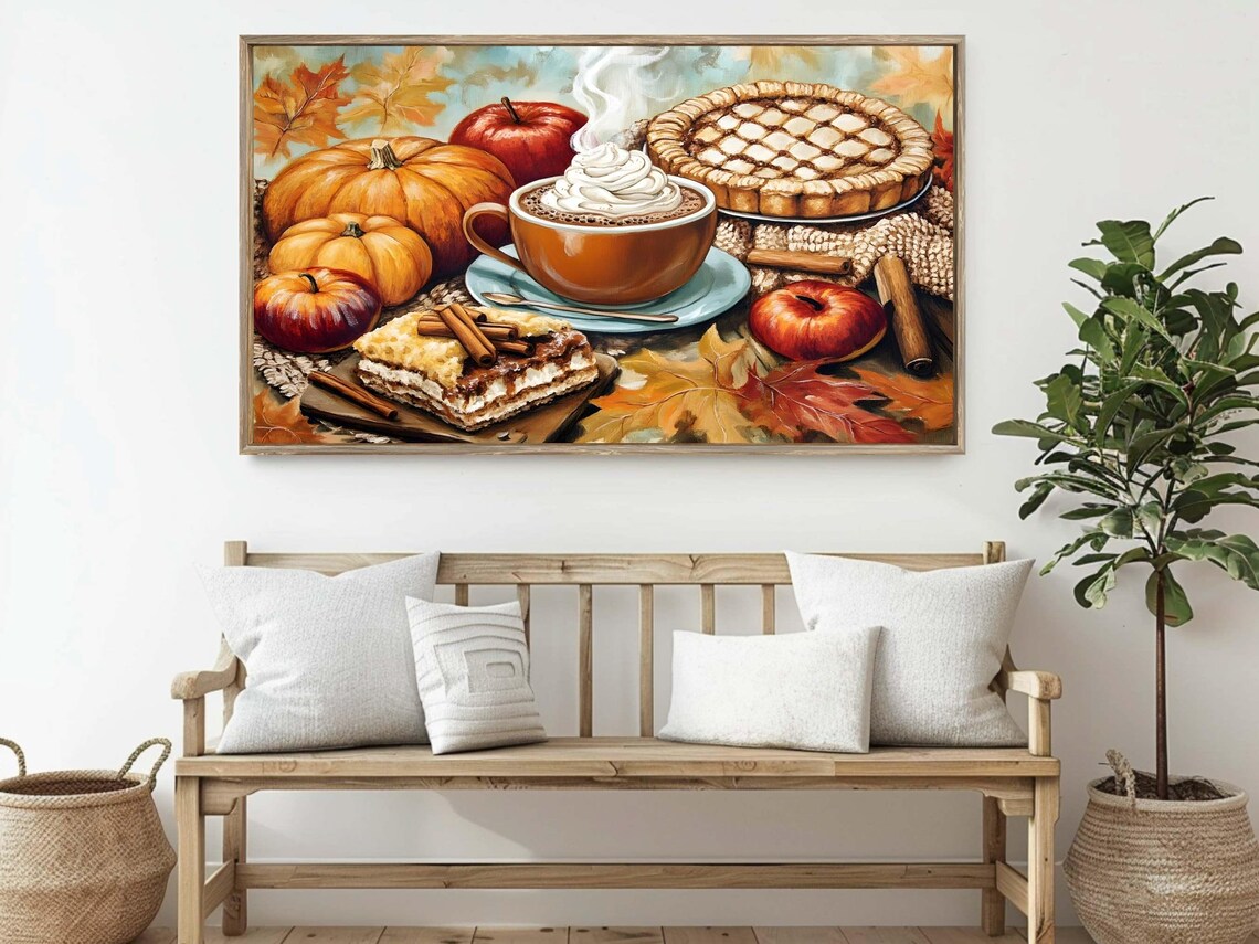 Cozy Fall Treats Hot Chocolate Pumpkin Pie Vintage Oil Painting Art Poster - Image 2