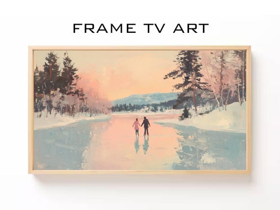 Frame Tv Vintage Schaatsend Stel Op Frozen Lake Frame Tv Kunst In Zacht Pastelroze Winterlandschap