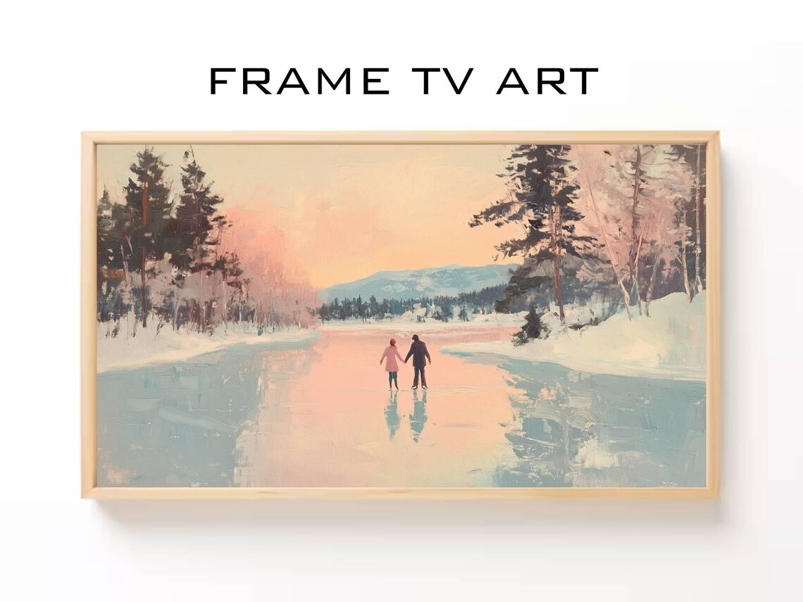 Vintage Couple Ice Skating Frozen Lake Pink Sunset Winter Frame TV Print