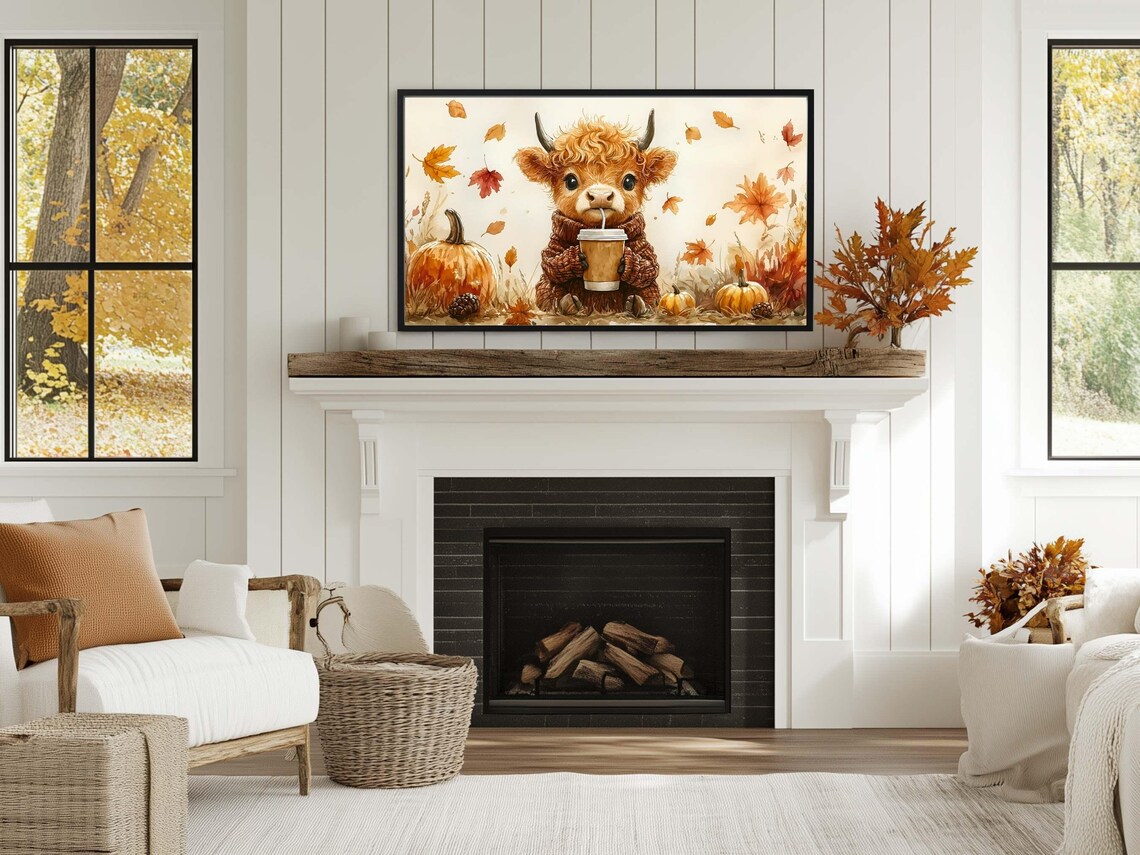 Cute Baby Highland Cow Sweater Coffee Fall Watercolor Wall Art Print Poster - Image 2