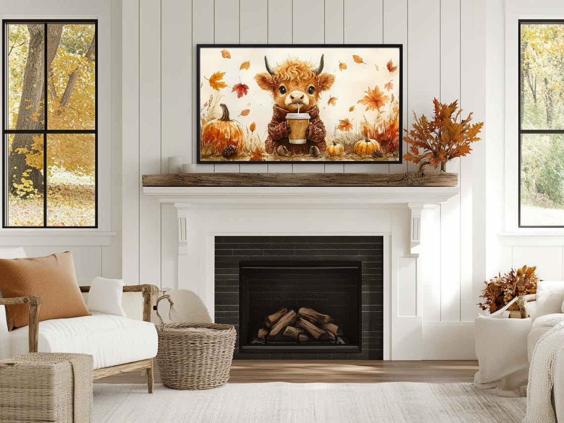 Fall Frame Tv Art Cute Highland Cow Enjoying Fall And Halloween Festivities Frame Tv Art - Image 2