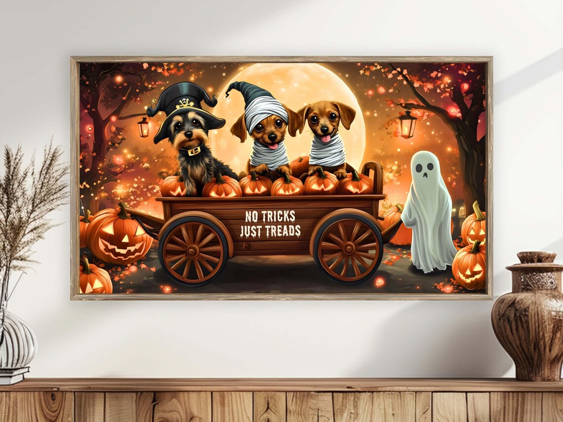 Halloween Dogs Costumes Pumpkin Wagon No Tricks Just Treads Wall Poster - Image 3