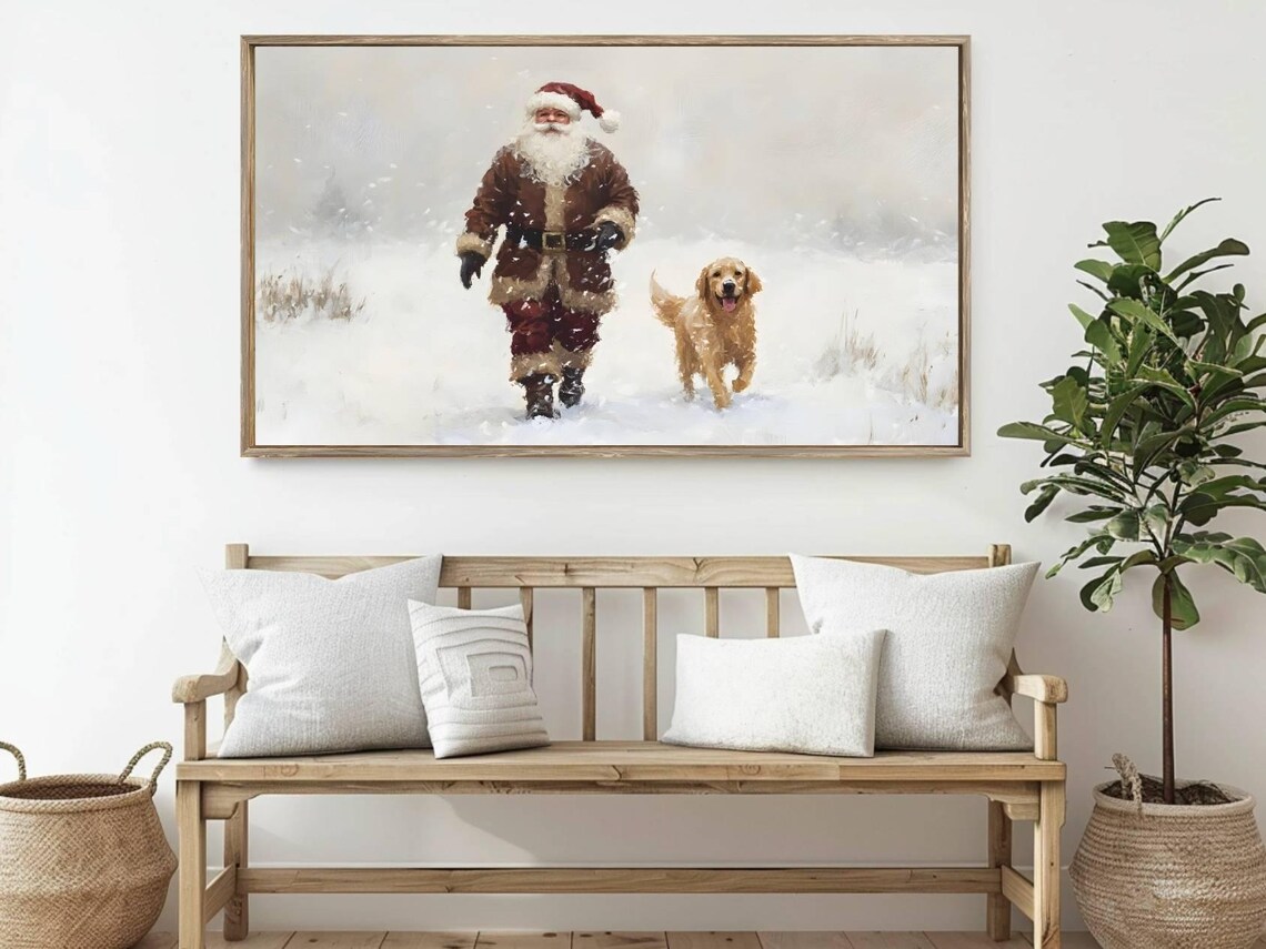 Santa and Golden Retriever in Winter Wonderland Art Print - Image 3