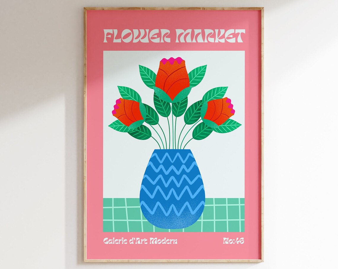 Flower Market No 46 Orange Red Tulip Buds Blue Vase Art Poster