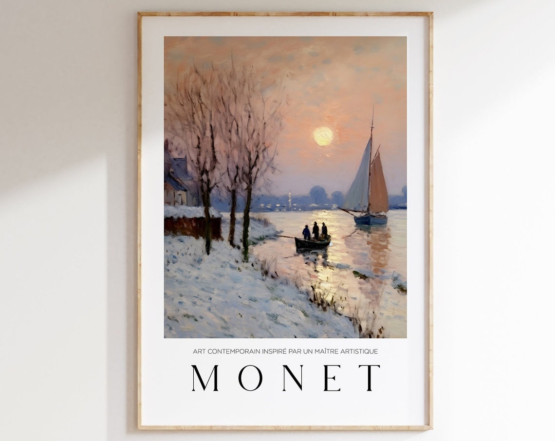 Claude Monet Snowy River Sailboat Sunset Inspired Art Poster