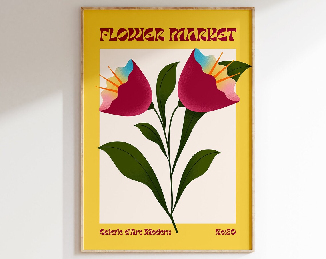 Flower Market No 20 Pink Trumpet Blooms On Yellow Art Poster