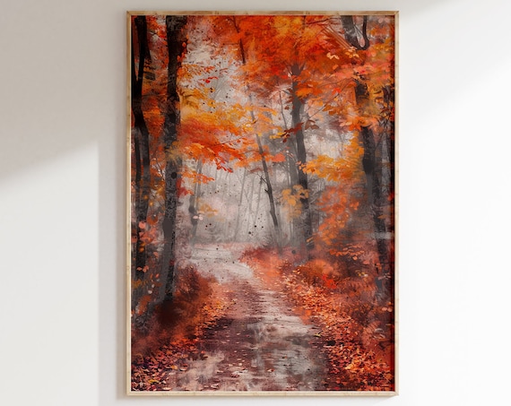 Misty Autumn Path Tall Trees Red Foliage Fall Watercolor Poster