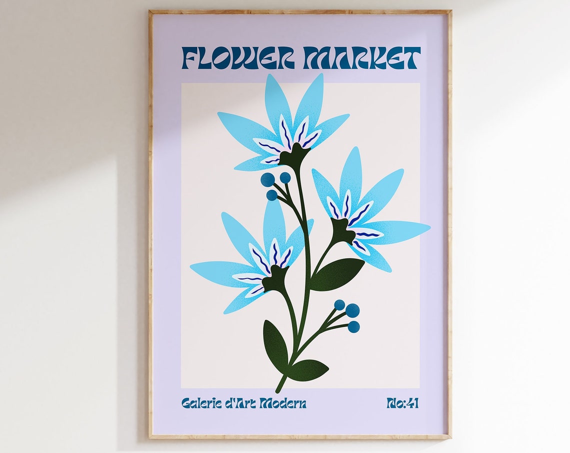 Flower Market No 41 Blue Starry Flowers Lavender Floral Poster