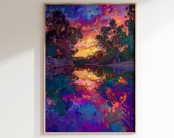 Vibrant Sunset River Reflection Purple Orange Landscape Poster