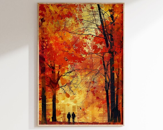 Autumn Forest Path Walkers Silhouette with City Skyline View Poster