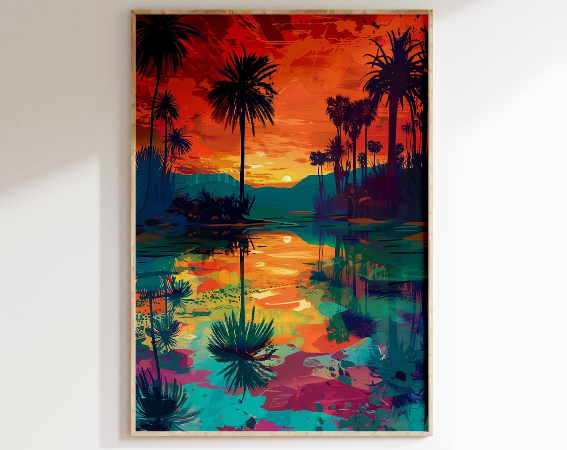 Palm Tree Oasis Sunset Reflected in Water Pop Art Style Poster - Image 5