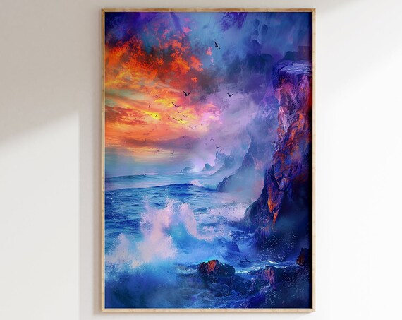 Crashing Ocean Waves Cliffs Sunset Blue Orange Coastal Poster