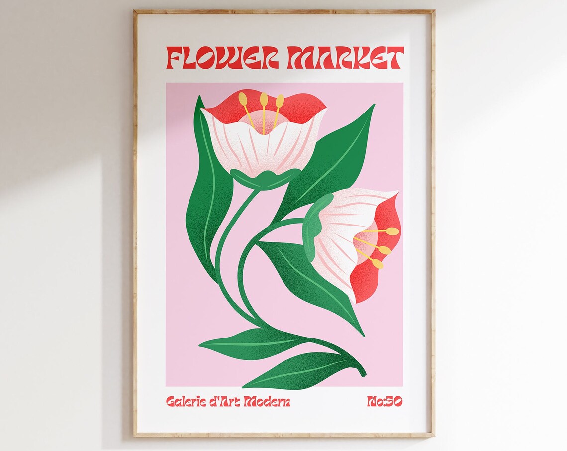 Flower Market No 50 Red White Two Tone Blooms Pink Floral Poster
