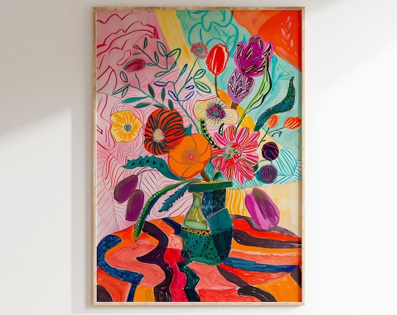 Colorful Flower Bouquet Green Vase Vibrant Modern Art Poster