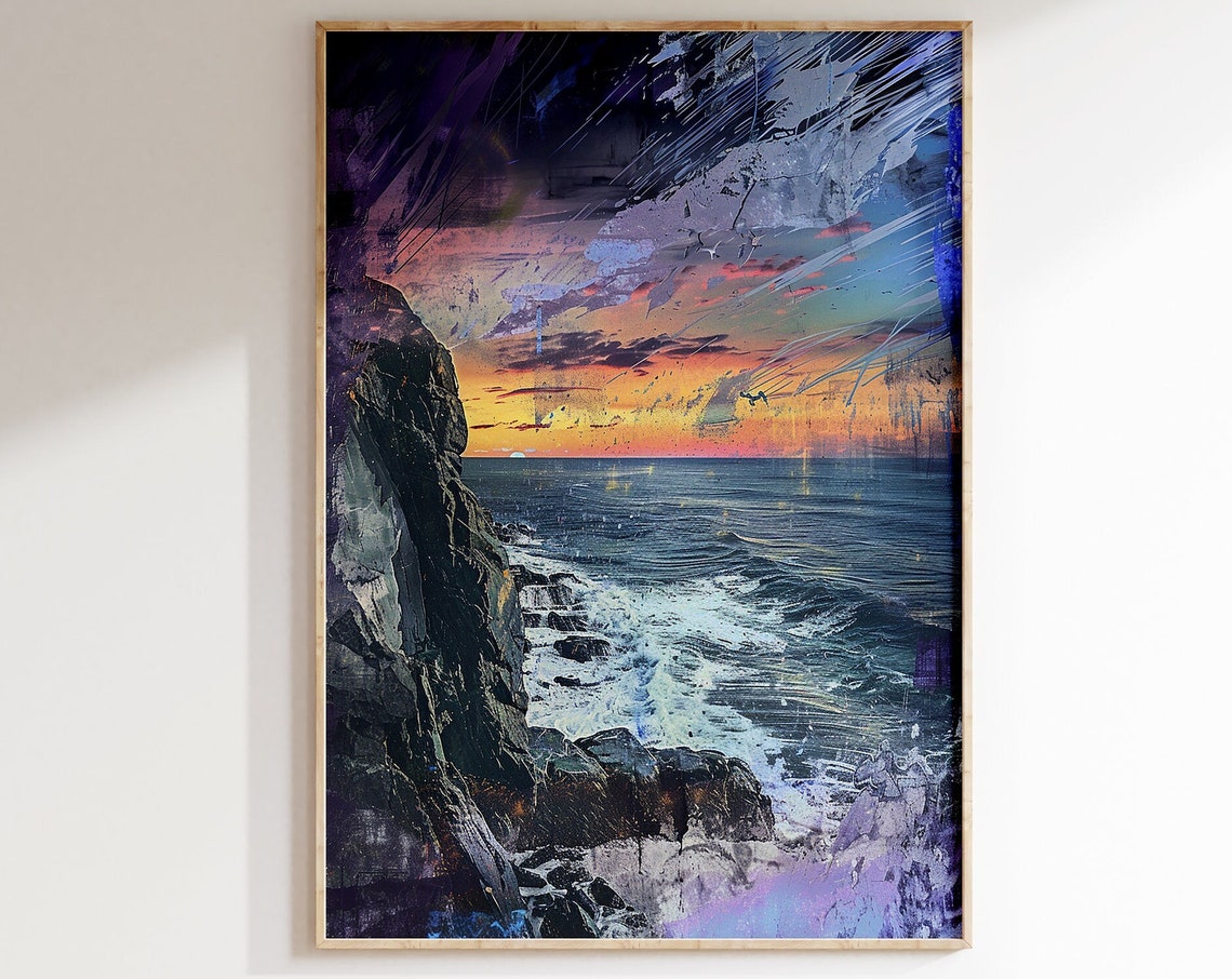 Rocky Coastline Sunset Orange Purple Sky Ocean Waves Art Poster