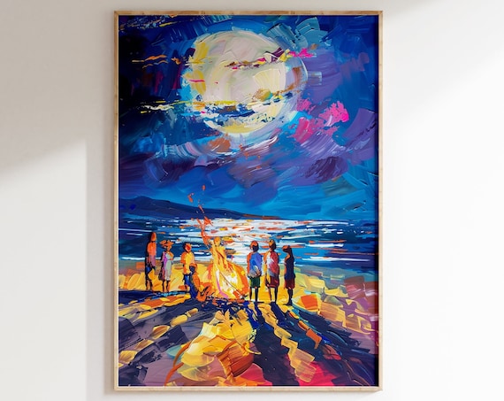 Beach Bonfire Gathering Under Giant Moon Night Ocean Art Poster